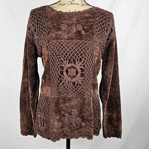 VTG Fully Fashion Crochet Velvet Top Brown Long Sleeve Blouse Women's Size Large